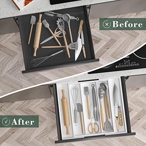 Utensil Organizer for Kitchen Drawers - Bamboo Silverware Tray Expandable 5 Slots Drawer Organizer for Office and Pantry Supplies W13.7-19.9" x L17.6 X H2.5 (White) - color: White