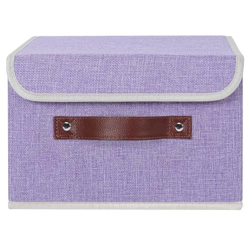 ANMINY Storage Bin with Lid Storage Boxes with PU Leather Handles PP Plastic Board Decorative Foldable Lidded Cotton Linen Fabric Home Cubes Baskets Closet Organizer Container - Purple, Small Size - color: Purple, size: Small (Pack of 1)