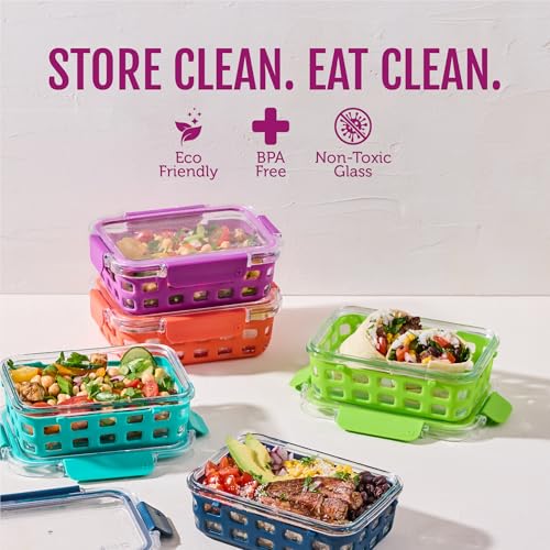 Ello Duraglass 3.4 Cup Meal Prep Sets 10Pc, 5 Pack Set- Glass Food Storage Container with Silicone Sleeve and Airtight BPA-Free Plastic Lids, Dishwasher, Microwave, and Freezer Safe, Fruit Salad - color: Fruit Salad, size: 3.4 Cup