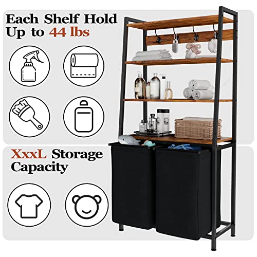 Furnulem 4 Tiers Laundry Hamper with Shelf and Hooks, Tall Laundry Basket Sorter with 2 Removable Bags, Double Clothes Hampers Organizers for Bathroom Bedroom - size: 2-Bag Laundry Hamper