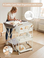 Fortella Baby Diaper Caddy, 3 Tier Rolling Storage Cart for Baby Essentials, Diaper Cart with Detachable Dividers, Storage Organizer & Baby Bottle Organizer for Bedroom, Living Room (Beige)