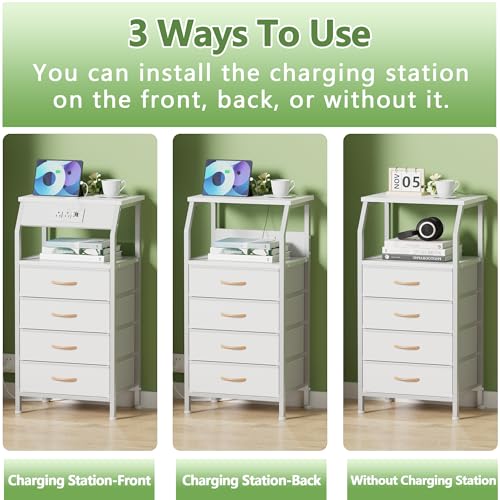 Furnulem Night Stand with Charging Station, Dresser with PVC & Fabric Drawers, 33.3 Inch Side Table with Open Shelf, Tall Bedside Table for Closet, Entryway, Bedroom Furniture, 3 Ways to Use, White - color: White, size: 4 Drawer