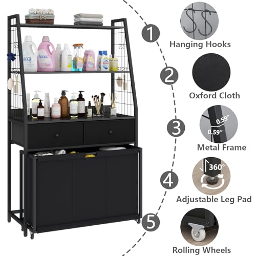 Gyfimoie Laundry Sorter with 2 Drawers, 3 Section Laundry Hamper with 2 Tiers Shelf,120L with Pull-Out Rolling Bags,Laundry Organizer for Laundry Room,Bathroom,Dorm (Black)