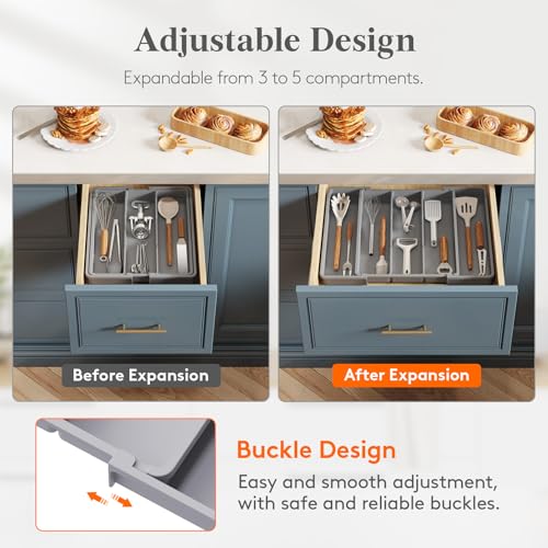 Lifewit Utensil Organizer for Kitchen Drawers, Expandable Cooking Utensil Tray, Adjustable Cutlery Silverware Flatware Holder, Plastic Spatula Tools Storage Divider, 11-18 x 14", Gray - color: Gray, size: Medium(11-18''W x 14''D)