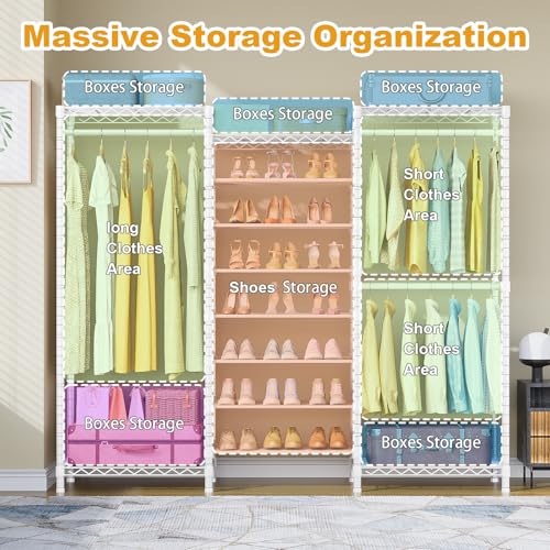 ULIFHOME E16 Heavy Duty Clothing Rack（With 7-Tier Adjustable Shoe Rack） Freestanding Clothes Rack for Hanging Clothes，Metal Closet Storage Organizer Large Wardrobe，69'' W x 15.8'' D x 76.2'' H，White - color: White