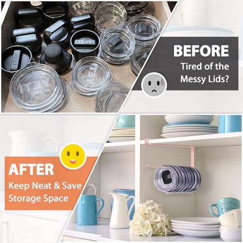Tumbler Lid Organizer, Horizontal Tumbler Lid Storage Hook Up to 10 Lids, Space Saving Cup Lid Holders Under Cabinet Tumbler Lid Hook for Kitchen Organizer and Storage, Paper Towel Rack Hanger (Pink) - color: Pink, size: 1 Pack