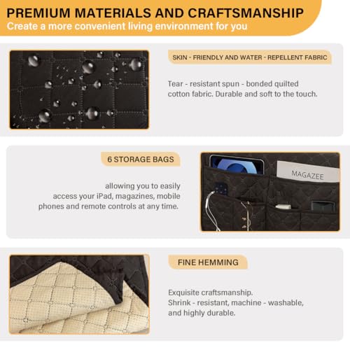 Sofa Armrest Organizer Waterproof Armchair Caddy for Couch Remote Control Holder for Recliner Non Slip Recliner Caddy with 6 Pockets for Magazine, Tablet, Phone, iPad, Black - color: Black