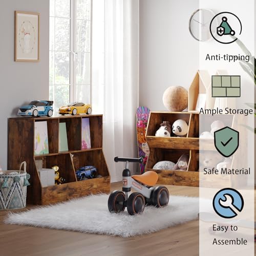 DINZI LVJ Toy Storage Organizer, Kids Bookshelf, Wood Toy Storage Cabinet, 5 Cubby Children Bookcase, 39.4" L Toddler Book Shelf for Playroom, Living Room, Nursery, Hallway, School, Rustic Brown - color: Rustic Brown, size: 2-Tier 39.4"
