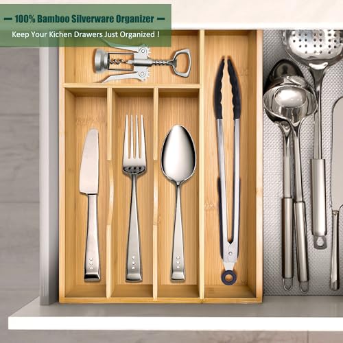 guiogc Bamboo Silverware Drawer Organizer, Silverware Organizer, Silverware Utensil Tray Holder and Cutlery Tray for Flatware and Kitchen Utensils - size: 9.85"Wx13.65"D (5-Slots)