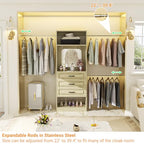 Unikito 48" W - 96” W Closet System with Mirror, 8FT Walk in Closet Organizer with Drawers and 3 Extendable Hanging Rod, Sturdy Wood Clothing Garment Rack with 25” Tower, Max Load 1000 LBS, White Oak - color: White Oak