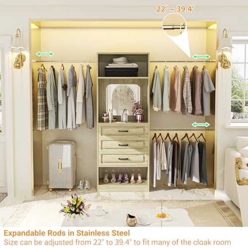 Unikito 48" W - 96” W Closet System with Mirror, 8FT Walk in Closet Organizer with Drawers and 3 Extendable Hanging Rod, Sturdy Wood Clothing Garment Rack with 25” Tower, Max Load 1000 LBS, White Oak - color: White Oak
