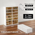 6-Tier Portable Shoe Rack Organizer for Closet, 24 Pairs Shoe Container Bins, Clear Plastic Collapsible Shoes Storage Box, Stackable Sneaker Storage Shoe Cabinet with Door - size: 6 Tiers - 24 Pairs
