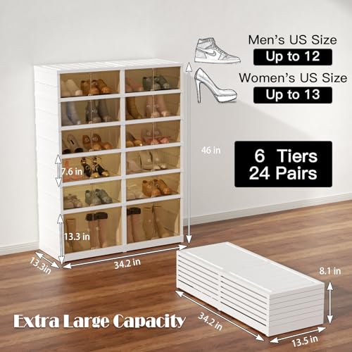 6-Tier Portable Shoe Rack Organizer for Closet, 24 Pairs Shoe Container Bins, Clear Plastic Collapsible Shoes Storage Box, Stackable Sneaker Storage Shoe Cabinet with Door - size: 6 Tiers - 24 Pairs