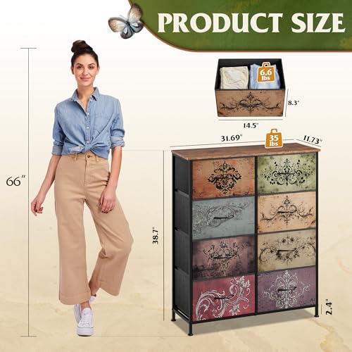 WLIVE Fabric Dresser for Bedroom, Tall Dresser with 8 Drawers, Storage Tower with Fabric Bins, Double Dresser, Chest of Drawers for Closet, Playroom, Dormitory, Pattern - color: Pattern, style: General