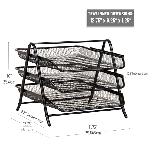 Mind Reader 3-Tier Paper Tray, Desktop Organizer, File Storage, Workspace, Office, Metal Mesh, 11.75"L x 13.75"W x 10"H, Black