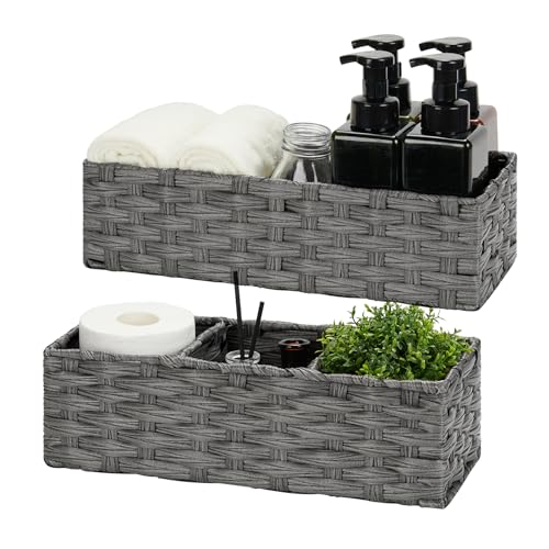 Bidtakay Narrow Wicker Bins for Organizing 2-Pack Dark Grey Decorative Baskets for Washroom Organizer Waterproof Imitation Small Wicker Storage Baskets for Shlef Closet Bedroom Entryway Office Desk - color: Dark Grey