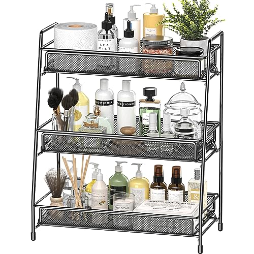 EKNITEY Bathroom Countertop Organizer Rack - 3 Tier Counter Spice Rack Metal Makeup Rack Small Perfume Vanity Organizer for Sink/Bedroom/Living room/Kitchen/Office - color: Black