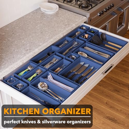 SpaceAid 21-Piece Bamboo Drawer Organizer Storage Boxes Set, Wood Tray Junk Drawer Organizers Multi-Use Divider Bins for Kitchen, Bathroom, Office Desk and Makeup Organization (21 Pack, Navy Blue) - color: Navy Blue
