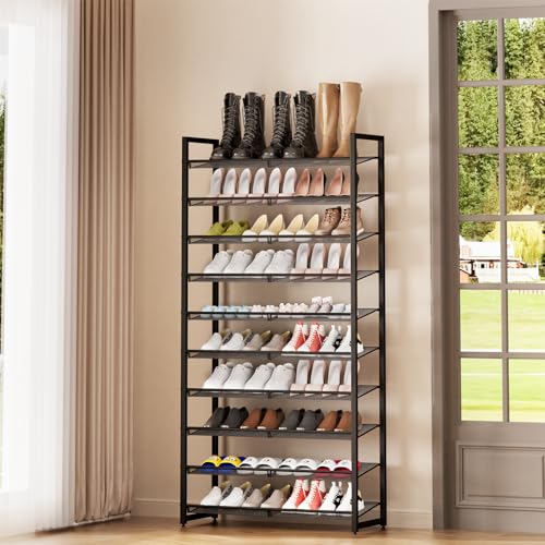 Shoe Rack, 10-Tier Metal Shoe Organizer, Tall Shoe Rack for Closet,entryway,Garage, with Adjustable Flat or Angled Shelves, 42-50 Pairs,Shoes that can accommodate The Whole Family. - color: Black, size: 10Tier