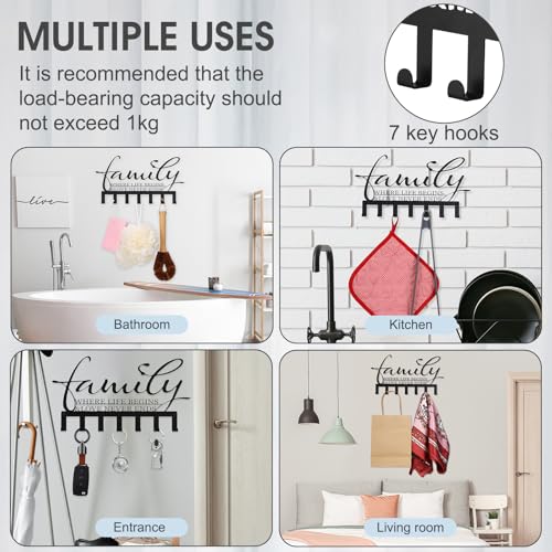Hicarer Family Key Holder Metal Hooks Decorative Hanger Black Rack Wall Mount Organizer with Screws and Anchors for Keys Hat Kitchen Entryway Front Door Home Decor - color: Black, style: Classic Style
