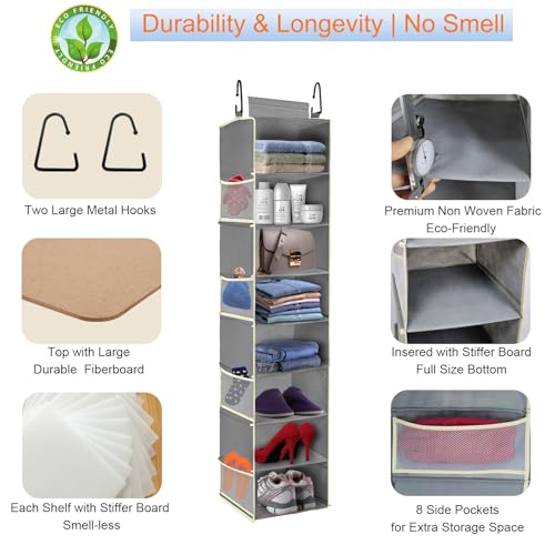 2 Pack Large-Sized Hanging Shoe Organizer 8-Shelf, Hanging Closet Organizer with 8 Side Pockets, Wider Hanging Shelves for Storage Shoes Clothes 9" W × 11.8" D× 48" H, Grey. - color: Grey - 2 Pack, size: 2 pack