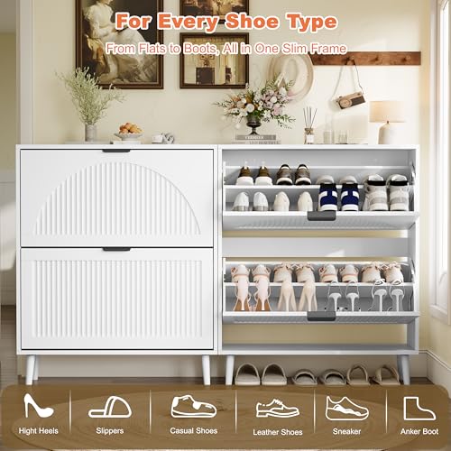 Shoe Storage Cabinet with 2 Flip Drawers, Narrow Wood Shoe Organizer Cabinet with Fluted Panel, Slim Shoe Rack for Entryway, Freestanding Shoe Cabinet for Living Room, Hallway, White - color: White, size: 2-Drawers