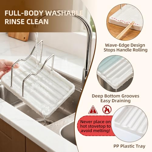 2 in 1 Pot Lid Holder & Spoon Rest for Kitchen Counter, Plastic Utensil Rest with Stainless Steel Pan Lid Holder Organizer While Cooking, Countertop Space Saving Pot Cover Rack | Easy to Clean - color: White- 1 Pack