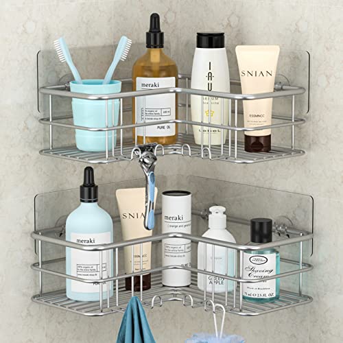 Menbyci 2 Pack Corner Shower Caddy, Adhesive Bathroom Shelf with 8 Hooks, Rustproof Stainless Steel Bathroom Organizer, No Drilling Shower Shelves Basket Wall Storage Rack Shampoo Holder (Silver) - color: Silver, size: 2 packs