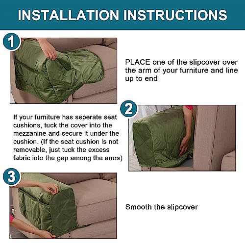 Velvet Quilted Armrest Covers - Water-Resistant Sofa Arm Protectors Set of 2 with Side Pocket Organizer, Non-Slip Furniture Covers for Chairs & Couches (Loden) - color: Loden