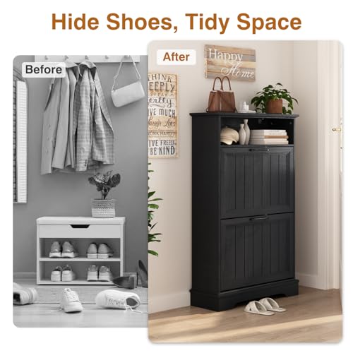 Shoe Storage Cabinet with 2 Flip Drawers, 24" W Farmhouse Modern Hidden Shoes Rack Cabinet with Adjustable Shelves & Open Storage, Narrow Slim Shoe Organizer for Front Door Entrance, Entryway, Black - color: Black, size: 2-Drawers