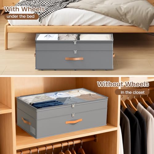 Under Bed Storage with Wheels, 2-Pack Underbed Storage Containers, No Assemble 11 inches 90L XXL Large Adjustable Storage Bins with Clear Lids, Rolling Storage for Clothes, Shoes, Blankets, Gray - color: Gray