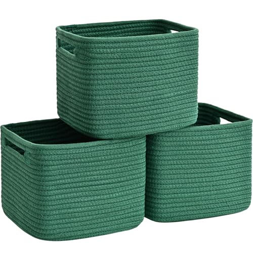 3 Pack Cube Storage Bin, 9”x9”x7” Cotton Rope Woven Baskets for Organizing Toys Clothes Towels, Square Gift Storage Baskets for Shelves, Nursery, Closet, Bathroom, Pantry (Green) - color: Green, size: 9" x 9" x 7"
