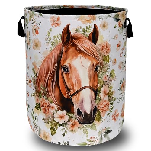 Watercolor Horse Laundry Basket Foldable With Handles Cute Animal Floral Tote Bag Oxford Cloth Colorful Laundry Hamper Clothes Toy Storage Bucket For Bathroom/Laundry/Bedroom 18.9" x 16.5 " - color: Watercolor Horse With Flowers Floral