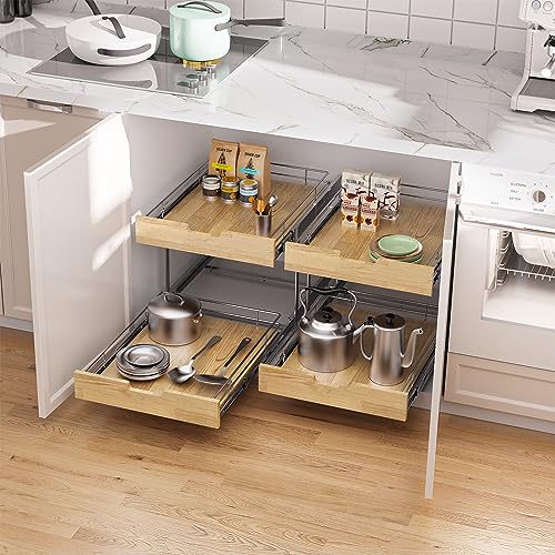 Sikarou Pull Out Cabinet Organizer,Heavy-Duty Slide Out Shelf, Wood and Wire Basket, Pull Out Drawer for for Kitchen Under Sink Space, Pantry, Bathroom, 2 Tie 23 * 21 in - size: 2-TIE 23*21 WM