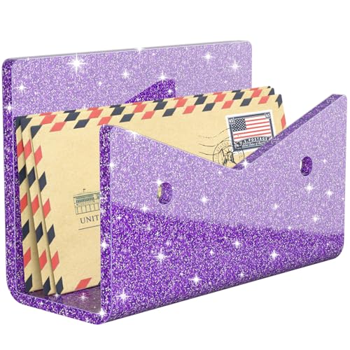Mail Organizer Envelope Holder - Glitter Purple Acrylic Mail Holder Countertop Vertical Desk Organizer Small File Bill Document Notebook Letter Sorter for Home School Office Supplies - color: Glitter Purple, size: 1 Compartment