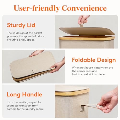 Lifewit 65L Slim Laundry Hamper with Lid, Narrow Laundry Basket with Removable Bag & Bamboo Handles, Fodable Thin Dirty Clothes Hamper for Laundry Collapsible Bin for Bathroom Bedroom Dorm, Beige - color: Beige, size: 65L