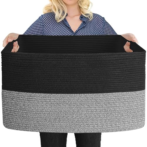 MEGASKET Extra Large Storage Baskets, 22" x 17" x 12" Black Baskets for Organizing, Rectangle Woven Basket for Blankets, Toys, Towels, Laundry, Decorative Wicker Storage Basket, Basket for Decor - color: Black & Black Stripe