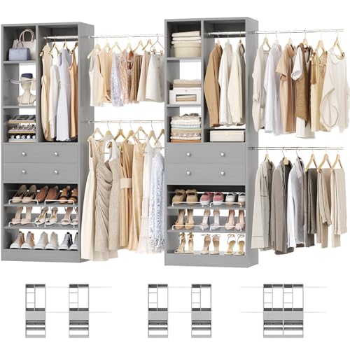 Besiost Closet System, Up to 134"/11.2 FT Closet Organizer with 4 Wooden Drawers and Shelves, Walk-in Closet System with 6 Hanging Rods, Built-in Closet Can Fit 96"/8FT, 120"/10FT, Morandi Grey - color: Morandi Grey, size: Style A: 77.6"—134"(W)