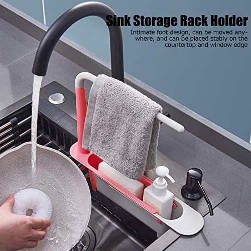 Telescopic Sink Storage Rack, Telescopic 2in1 Sink Expandable Storage Drain Basket Towel Rack Under Sink Organizers Telescopic Sponge Soap Holder for Kitchen Sink (Red) - color: Red