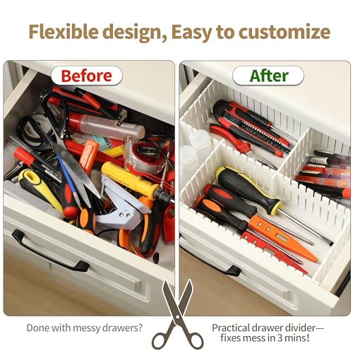 Drawer Divider Adjustable DIY Storage Organizer Separator for Tidying Clutter Cutlery Underwear Socks Clothes Dresses Desk & Box in Kitchen Bathroom Bedroom Office (Cut at Will) - color: White 16pcs