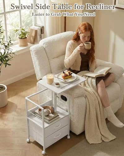 Faesun Swivel Lift Top Nightstand with Charging Station, Rolling Side Table for Recliner, Bedside Table with Wheels & 2 Fabric Drawers, for Small Spaces, for Bedroom, Living Room, White - color: White, size: 2 Drawers