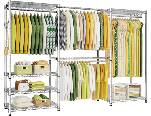 Ulif E1 Heavy Duty Closet Garment Rack, 6 Tiers Adjustable Metal Freestanding Expandable Clothing Storage with 4 Hanger Rods, Easy to Assemble Wardrobe, 71.4" H x (70" - 88.2") L x 14" D, Chrome - color: Chrome