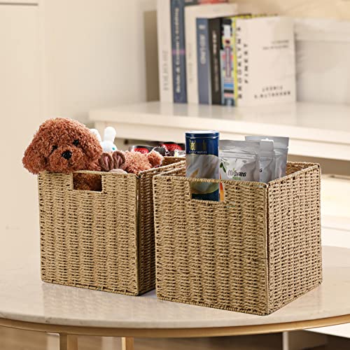 Vagusicc Wicker Baskets, Set of 2 Hand-Woven Storage Baskets for Shelves with Handles, Foldable Cube Wicker Storage Basket Bins Organizer 13 Inches Large Woven Baskets for Storage Organizing & Decor - color: Natural, size: 13'' x 13'' x 13''