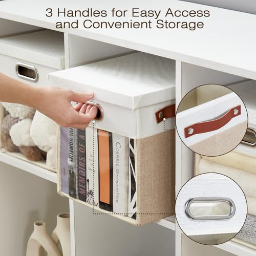 Ultra Thick Fabric Storage Cubes with Lids & Windows, 11-Inch Foldable Closet Storage Bins with 3 Handles, Home Decorative Boxes for Bedroom, Living Room, Dorm, Office (Beige & White) - color: Beige&White, size: 11"L x 11"W x 11"H