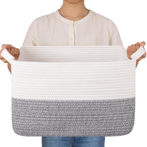 OIAHOMY Woven Storage Basket for Shelves, Rectangle Cotton Rope Baskets for Organizing, 16 x 12 x 10 in, Storage Bins for Dog Toys,Towel,Books,Gift,Grey and White - color: Grey and White, size: 16"x12"x10"