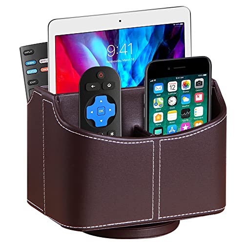 Fanousy 360° Rotating Remote Control Holder, PU Leather TV Remote Caddy Organizer Basket Storage Box with 5 Compartments for Pen, Pencil, Art Supplies, Makeup Brush, Office Desk Table Accessories - color: Brown
