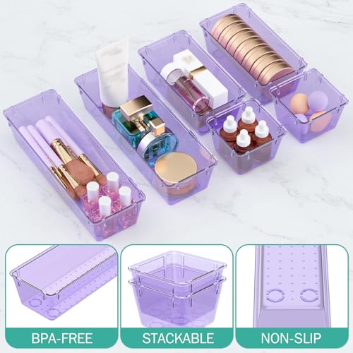 WOWBOX 6 Pack Clear Drawer Organizer Set, Acrylic Drawer Storage Trays, Storage Bins for Makeup, Cosmetics, Jewelries, Utensils, Gadgets, Office, Purple - color: Purple, size: 6 PCS