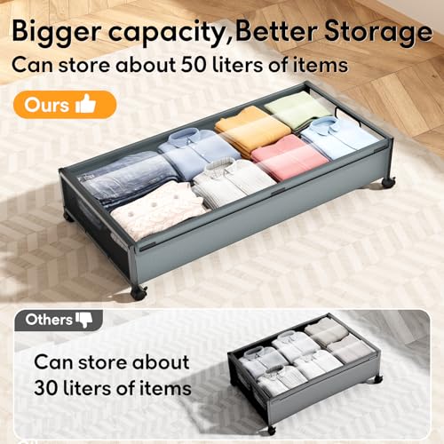Under Bed Storage Containers with Wheels 2 Pack Underbed Shoe Storage Bedroom Storage Bins Organizer Large Capacity Under Bed Storage with Lid for Clothes Shoes Toys Blankets (Cyan-gray) - color: Gray, size: 2pcs