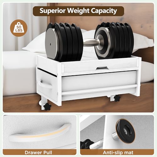 2 Tier Bedside Shelf for Dorm Bunk Bed, Under Mattress Bedside Shelf Clip On Nightstand with Fabric Drawer, Bed Side Table Tray Organizer, Bedside Tray with Cable Management, Back to School (white) - color: White