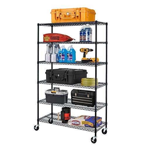 BestOffice | 6-Tier Wire Storage Shelves with Wheels | 18x48x78 | Black | Adjustable Racks | Heavy-Duty Metal Shelf, Holds Upto 600 lbs | No-Tool Assembly | Ideal for Home & Garage Shelving - color: Black, size: 18"D x 48"W x 77"H